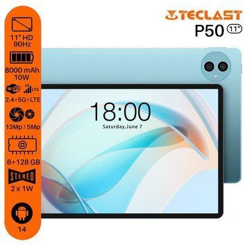 Планшет Teclast P50 11" 6ГБ, 128ГБ, LTE, 8000мА&bull;год, Android, блакитний 6940709686829 фото